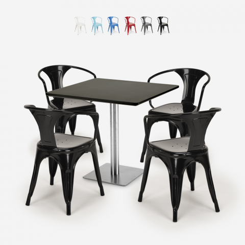 Heavy cafebord sæt: 4 industrielt farvet stole og 90x90 cm træ bord
