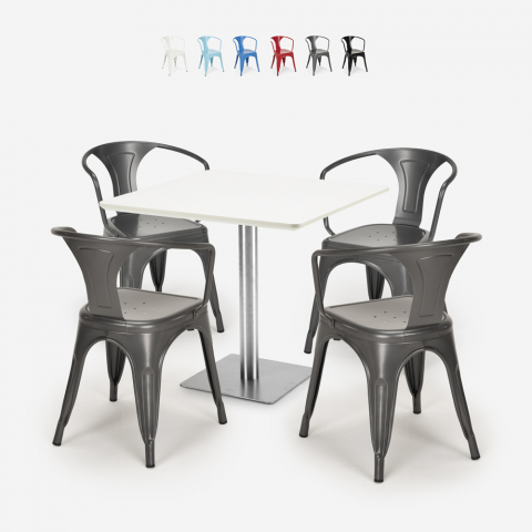 Heavy White hvid cafebord sæt: 4 farvet stole og 90x90cm træ stål bord