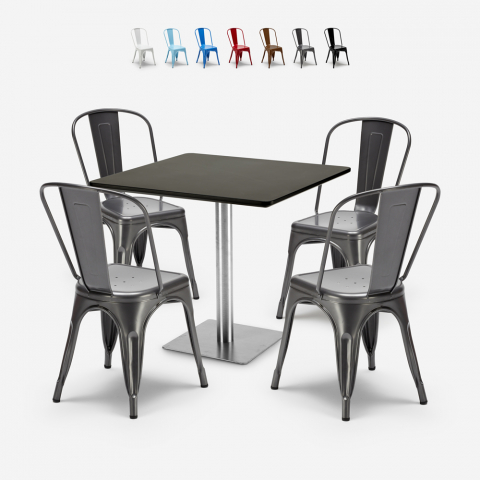 Just cafebord sæt: 4 farvet stole og 90x90 cm sort træ stål bord