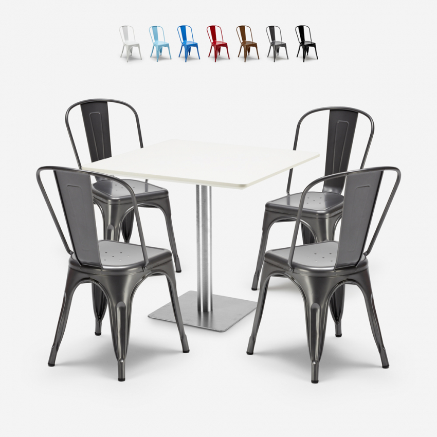 Just White hvid cafebord sæt: 4 farvet stole og 90x90 cm træ stål bord Rabatter