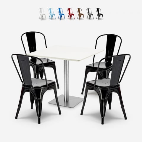 Just White hvid cafebord sæt: 4 farvet stole og 90x90 cm træ stål bord