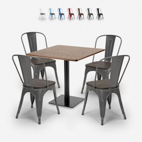 Edgar cafebord sæt: 4 industrielt farvet stole og 90x90 cm træ bord