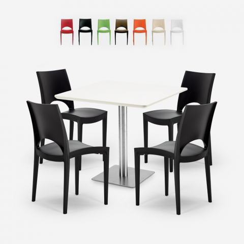 Prince White cafebord sæt: 4 farvet plast stole og 90x90 cm hvid bord Kampagne