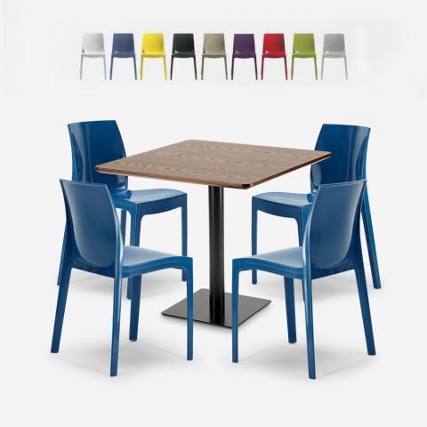 Yanez cafebord sæt: 4 farvet plast stole og 90x90 cm træ stål bord