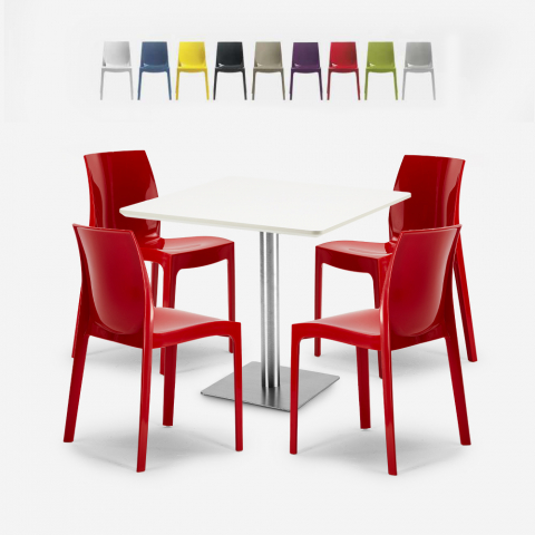 Yanez White cafebord sæt: 4 farvet plast stole og 90x90 cm hvid bord