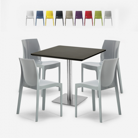 Yanez Black cafebord sæt: 4 farvet plast stole og 90x90 cm sort bord