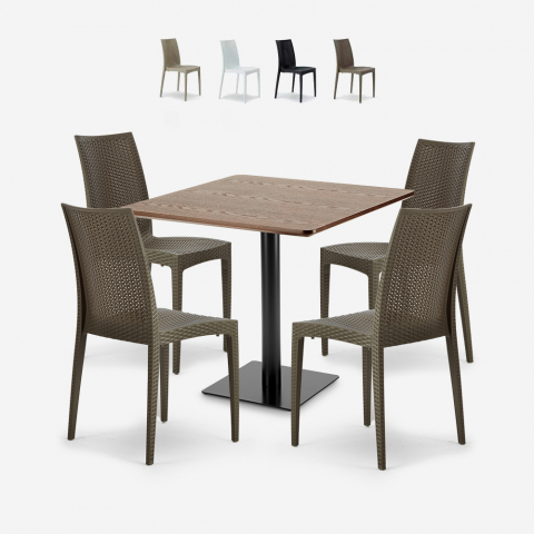 Barrett cafebord sæt: 4 polyrattan stole og 90x90 cm træ stål bord