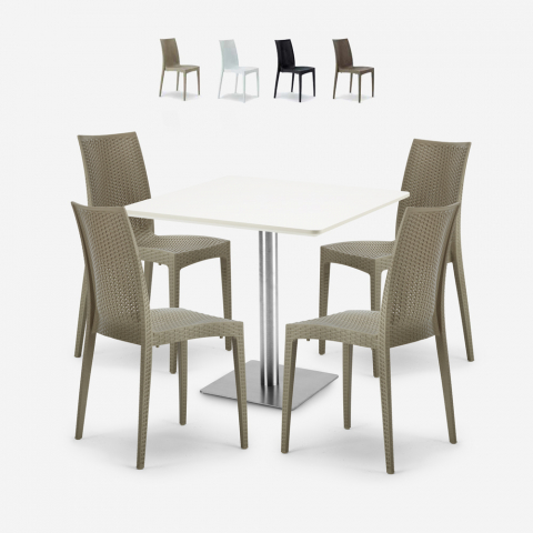 Barrett White cafebord sæt: 4 polyrattan stole og 90x90 cm hvid bord