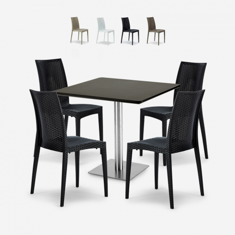 Barrett Black cafebord sæt: 4 polyrattan stole og 90x90 cm sort bord
