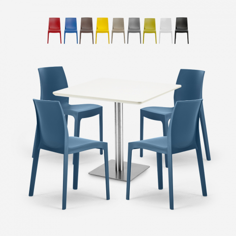 Jasper White cafebord sæt: 4 farvet plast stole og 90x90 cm hvid bord