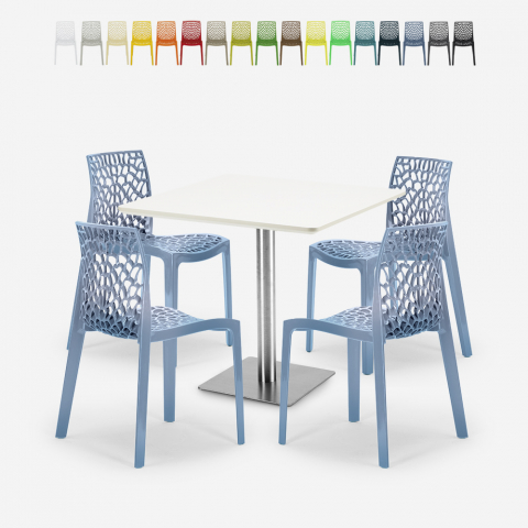 Dustin White cafebord sæt: 4 farvet plast stole og 90x90 cm hvid bord