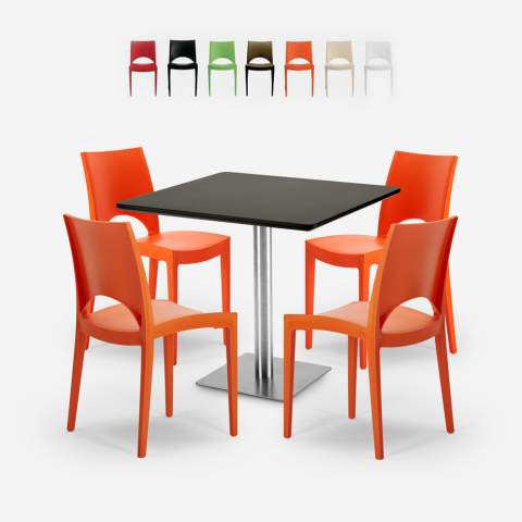 Prince Black cafebord sæt: 4 farvet plast stole og 90x90 cm sort bord