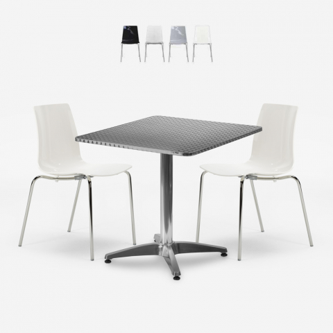Mores cafebord sæt: 2 farvede stole og 70x70 cm firkantet stål bord