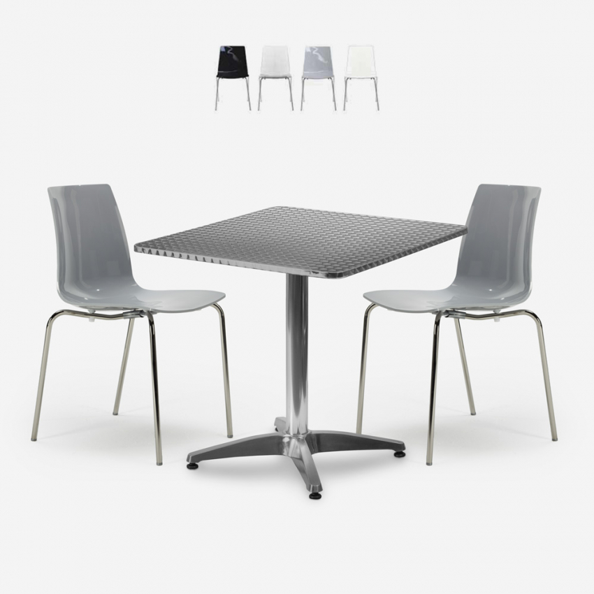 Mores cafebord sæt: 2 farvede stole og 70x70 cm firkantet stål bord Tilbud