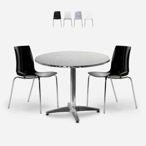 Remos cafebord sæt: 2 farvede stole og 70 cm rund stål bord