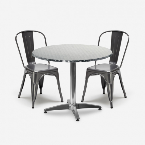 Factotum cafebord sæt: 2 industrielle stole og 70 cm rundt stål bord