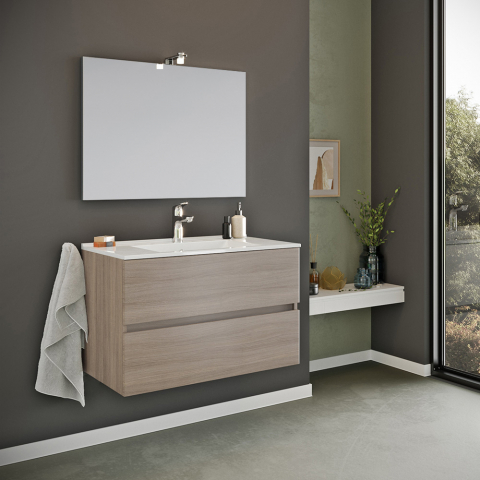 Kallsjon Oak væghængt badeværelsesmøbel med 2 skuffer spejl lys vask
