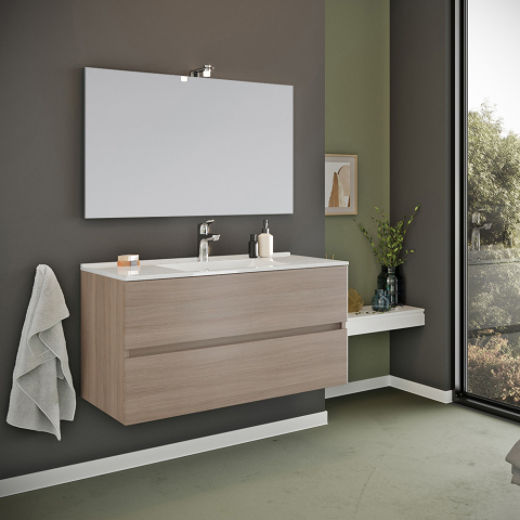 Storsjon Oak væghængt badeværelsesmøbel med 2 skuffer spejl lys og vask