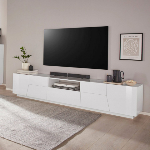 Fergus TV bord blank hvid lav skænk 220x43 cm med 1 skuffe og 4 låger
