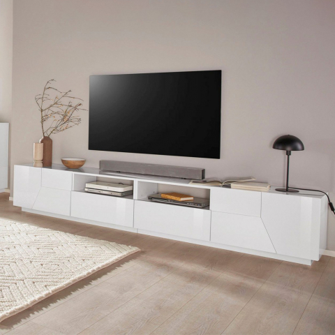 More TV bord blank hvid lav skænk 260x43 cm med 2 skuffe og 4 låger