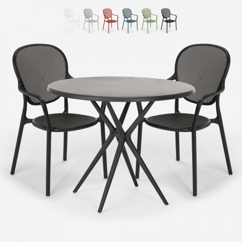 Valet Dark sort havebord møbel sæt: 2 farvede stole og 80 cm rund bord