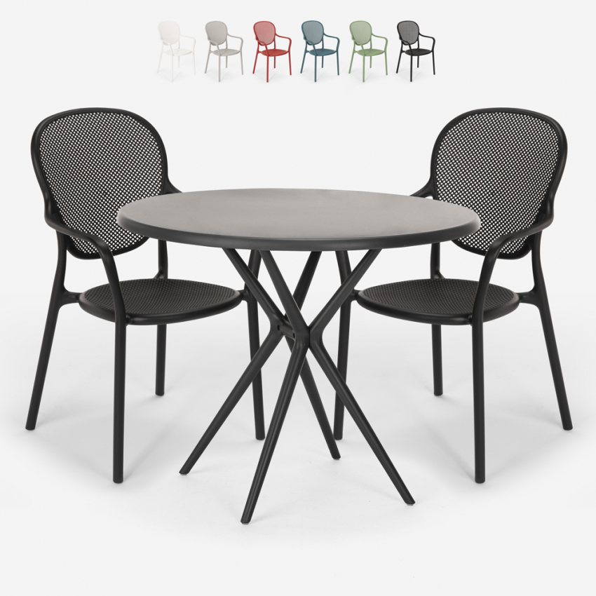 Valet Dark sort havebord møbel sæt: 2 farvede stole og 80 cm rund bord Kampagne