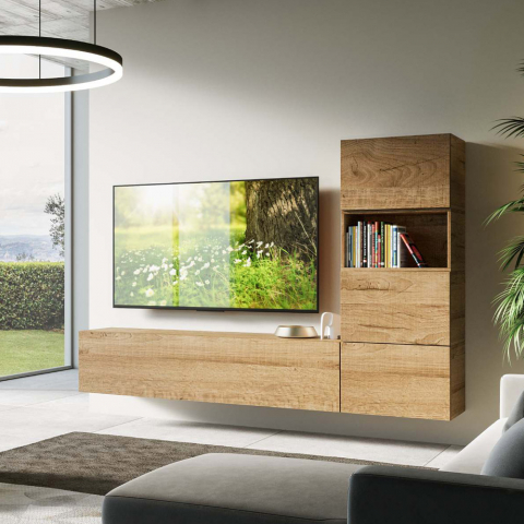 A09 egetræ effekt møbelsæt tv bord med klaplåge og 3 vægskabe 2 låger