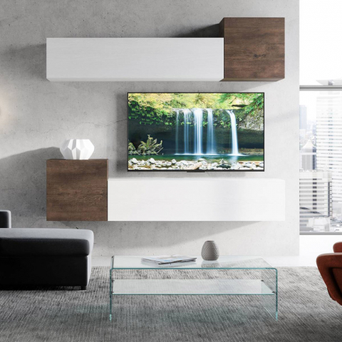 Hvidt træ stue TV vægskab med 4 hængende skabe A37
