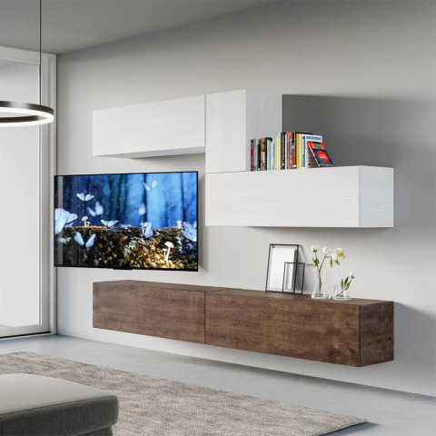 Vægmonteret tv-stander ophængt hvidt træ moderne stue A04