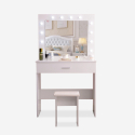 Gaia sminkebord makeup bord med 1 skuffe spejl 12 LED Lys og skammel På Tilbud