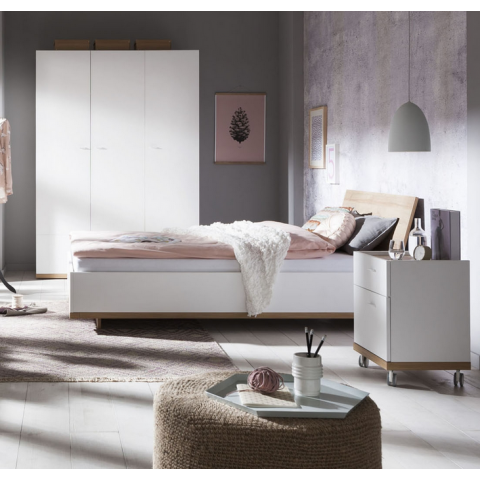 Ludo seng 90x200 cm hvid moderne design enkeltseng med egetræs detaljer