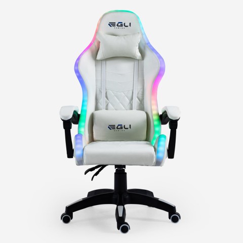 Pixy Plus hvid ergonomisk gamer kontorstol massage RGB lys kunstlæder